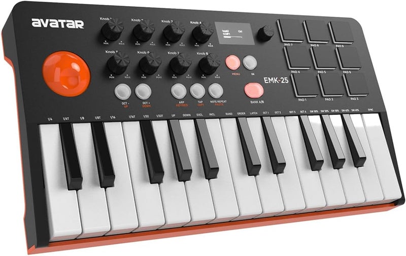 HXW Portable Bluetooth MIDI Keyboard Controller, With 25 Key, 9 Backlit Beat Pads, OLED Display, 8 Knobs, Software Included, USB Powered/Battery Operation - Image 1